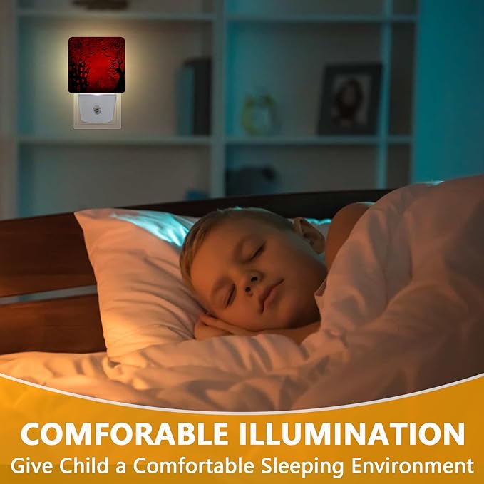 Halloween Night Light, Plug-into Red Black Red Black Bats Spider Ghost Nightlight White LED Lamp, Energy Efficient Decor Desk Lamp for Bedroom Hallway Stairs Bathroom