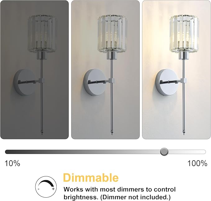 Hardwired Crystal Wall Sconces Set of Two - Dimmable Wall Light Fixtures 3000K, Warm White, for Hallway, Bathroom, Living Room, Bedroom, Chrome, 20.1 Inch