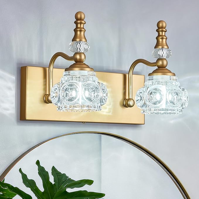 Modern Glass Crystal Vanity Light - Vintage Bathroom Lighting Fixtures Over Mirror, 2 Light Vanity Lights G9 Bulb (11.81 Inch,Brass)