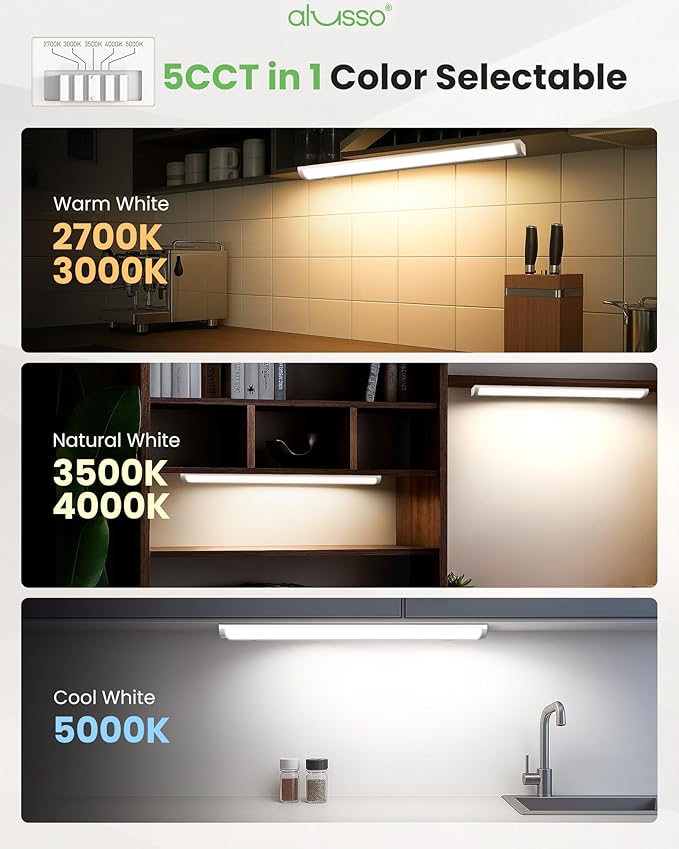 ALUSSO LIGHTING® 24 Inch LED Under Cabinet Lighting Hardwired, 5CCT Color Selectable 2700K-5000K Dimmable 15W 1200LM High Brightness, CRI 90 Strip Linkable Under Counter Lights for Kitchen, 1 Pack