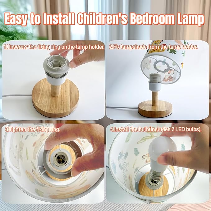Kids Table Lamp-Night Light for Boys Room,3-Color LED Desk Lamp with Baby Elephant Zebra Giraffe Tiger Pattern Bedside Lamp Safari Animal Lampshade and Wood Base for Living Nursery Child Room Study