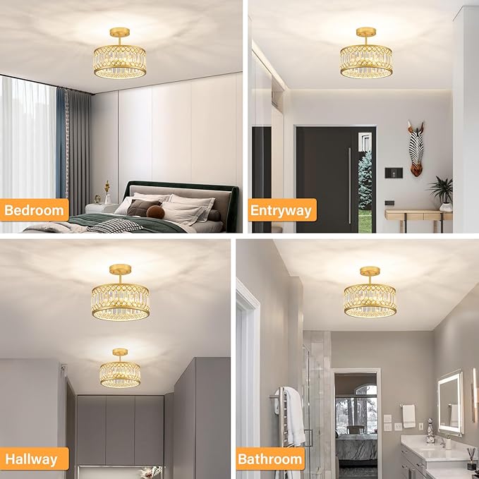 Crystal Ceiling Light Fixture, Modern Semi Flush Mount Light, Gold Lighting Fixtures Ceiling Chandelier for Kitchen, Bedroom, Dining Room, Hallway, 3-Light, 12.2 Inch