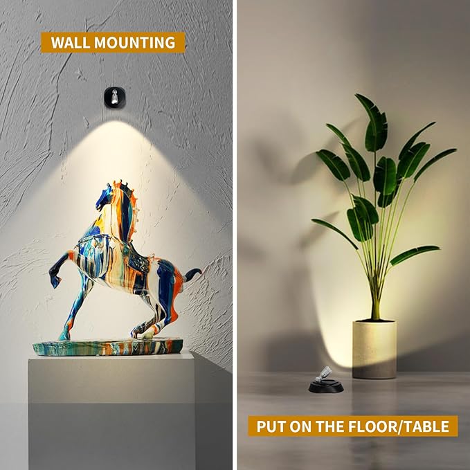LEASTYLE LED Wireless Spotlights with Remote Rechargeable Up Lights Indoor with 3000K/4000K/6000K Battery Operated Lights with Timer Dimmable Accent Light Uplighting for Plant,Black+Silver,2 Pack