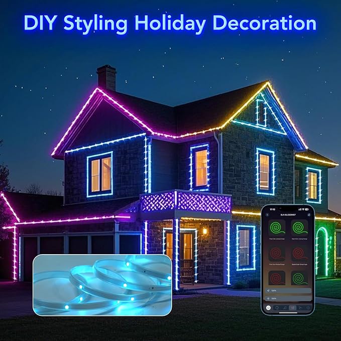 Outdoor LED Strip Lights, 65.6FT Waterproof IP67 Led Lights for Bedroom RGB, 24Key 2.4G Remote with App Control, Music Sync Color Changing Rope Lights for Room Decoration