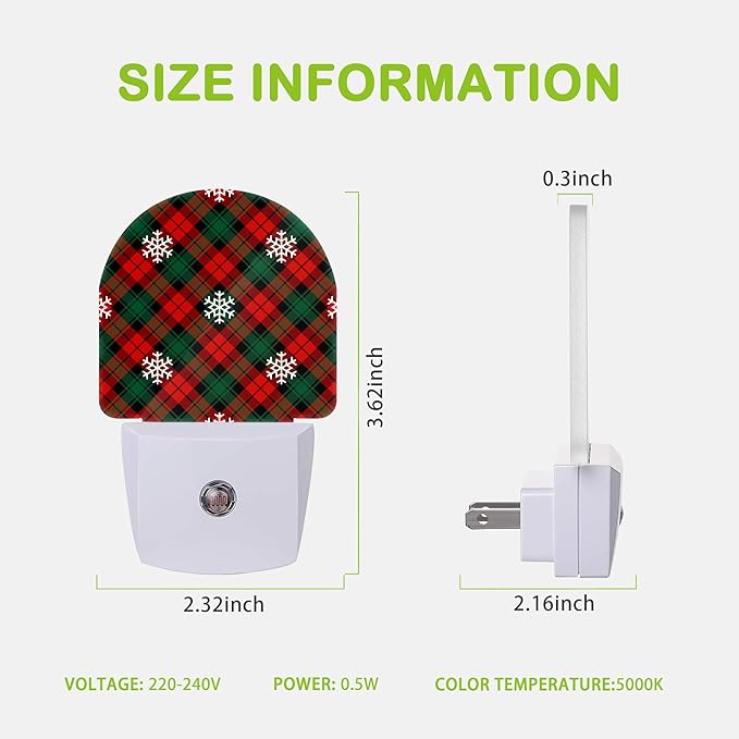 Christmas Red Green Plaids Night Light,Plug into Wall Nightlights with Dusk to Dawn Light Sensors,Nightlights for Bedroom/Bathroom/Hallway/Kitchen,Nightlight for Boys Girls Women Men