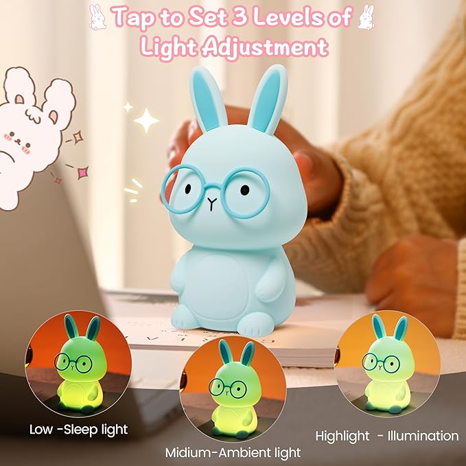Bunny Night Light, Rabbit Lamp for Kids, Rechargeable LED Nightlight for Easter Gift,Silicone Bedside Lamp with Touch Color Changing,3 Levels Dimmable/Timmer Nursery Bedroom Light,Room Decor