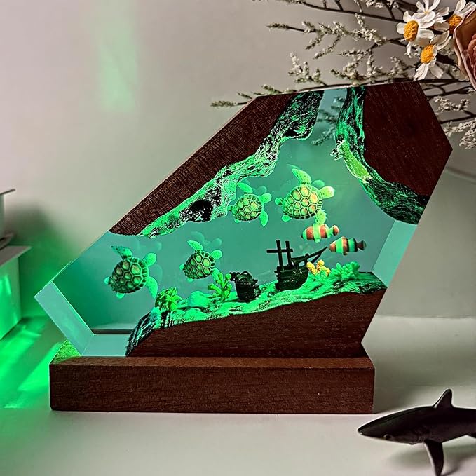 Sea Turtle Ocean Resin Lamp - Handmade Resin Night Light with USB Port, Variable Lights, Sea Turtle Gifts for Women and Men, Ocean Enthusiast Collectibles, Unique Birthday Gifts for Him & Her (10"x6")