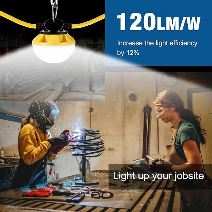 50FT Construction String Lights, IP65 Waterproof ETL Certified LED String Work Lights, 5000K Daylight 18AWG Wire Linkable Temporary Construction Lighting for Jobsite with 5 Bulbs & Hooks