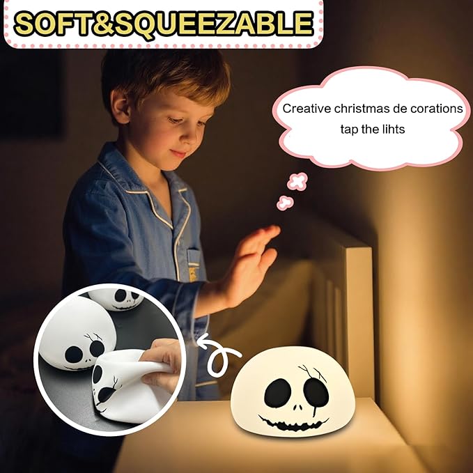Cute Creative Christmas Skeleton Face Silicon Tap Light - Battery Powered, Multi-Color Changing, Safe and Soft for Indoor Holiday Decoration (White Skellington)