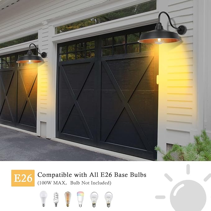 Dusk to Dawn Barn Light Outdoor, 16 Inch Dome Large Farmhouse Exterior Light Fixture Wall Mount, Industrial Outdoor Wall Sconce Outside for House, Shop, Porch, Garage, DDRZ020 GD-2PACK