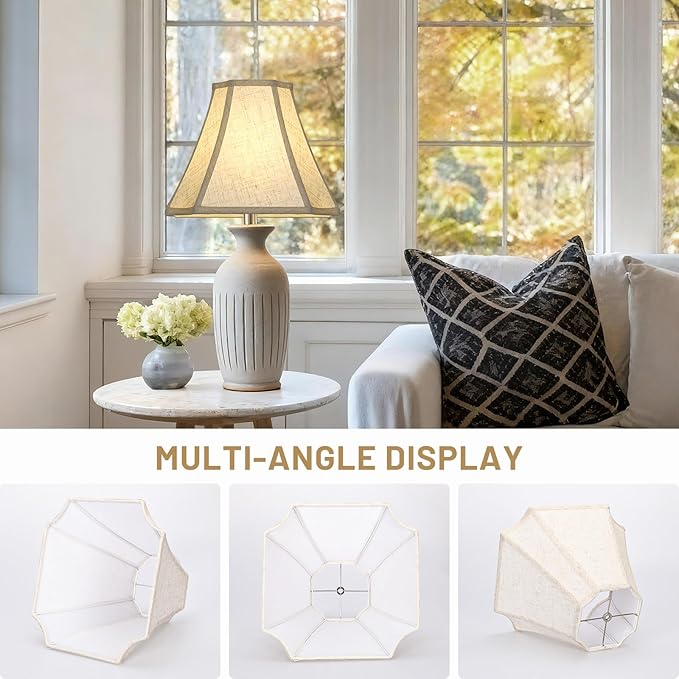 Square Cut Corner Bell Lamp Shades Set of 2, 6.5" x 13"x 10.5" Medium Beige Lampshades Natural Linen Hand Crafted, Include 2 Pack Lamp Harps, Suitable for E26 and Saddle Base, Easy Assembly Required