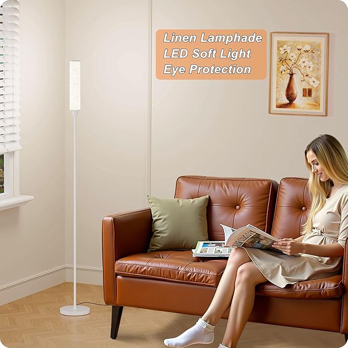 Floor Lamp with Remote Control, Floor Lamps for Living Room/Bedroom/Office, Stepless Adjustable 3000K-6000K Colors and 10-100% Brightness,Standing Light with Foot Switch (White+Beige Linen)
