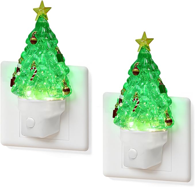 2 Pack Christmas Night Lights Plug into Wall Glitter Christmas Tree Nightlights with USB/Outlet Options, Xmas Night Lights Decorative for Bedroom Living Room Kitchen Holiday Decorations Gifts (Tree)