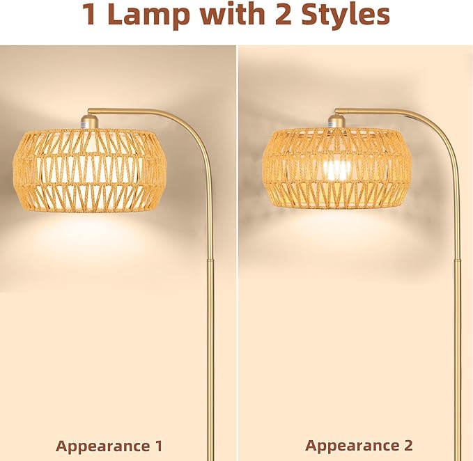 Boho Gold Floor Lamp- Rattan Lamp with Stepless Dimmable Bulb, Mid Century Modern Floor Lamp with 2 in 1 Lampshades, Bohemian Gold Tall Lamp for Living Room, Office, Classroom