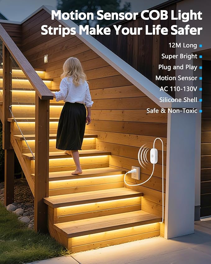 AC 110V Motion Sensor COB LED Strip Light Outdoor Waterproof 40FT/12M Plug In Warm White 3000K High Density 288LED/M Adjustable Time-Delay Flexible Motion Activated Led Light Strip for Cabinet Stairs