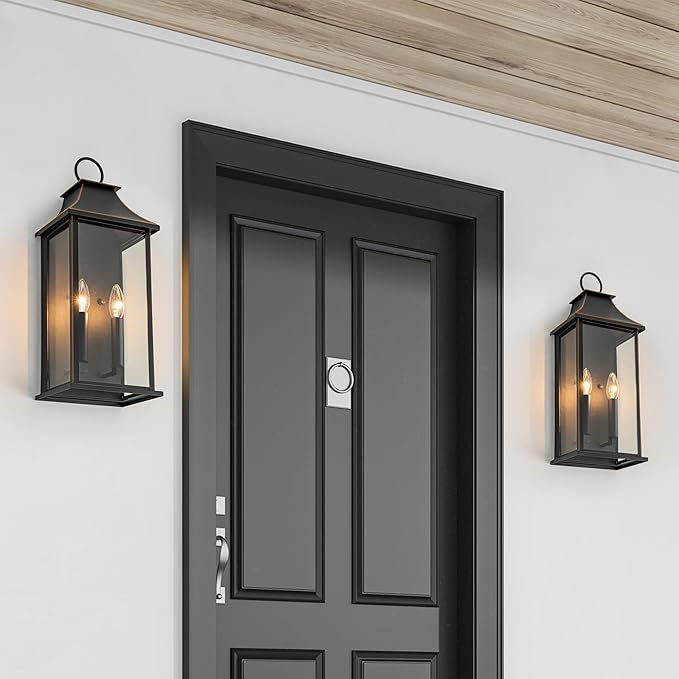 Outdoor Wall Lights, Dusk to Dawn Large Outside Wall Lantern Sconce, Modern Fixture with Brown Trim, Exterior Lamp for House, Porch, Garage, 2-Light (20.6 Inch, Black)