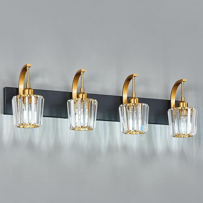 Modern Bathroom Vanity Light, 4-Light Black Gold Wall Sconce with Crystal Accents, Over Mirror Bathroom Lighting Fixture, 32.67" Long Dimmable Vanity Lamp for Makeup, Easy Installation