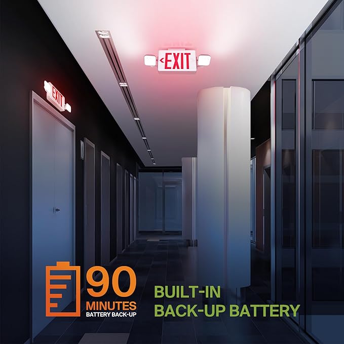 ASD LED Exit Sign with Battery Backup & Square Rotatable Heads - 120-277V UL 2.2W Double Face Emergency Exit Light for Business, Commercial Damp Location Power Outage Lights, Red, 6 Pack