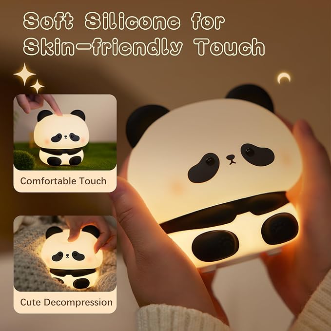Cute Panda Night Light, LED Squishy Novelty Animal Night Lamp, Food Grade Silicone 3 Level Dimmable Breastfeeding Nursery Nightlight for Room Decor, Holiday Gifts Stuff for Boys Girls Baby Children