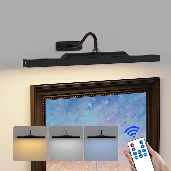 Dimmable Cordless Picture Light with Controller and Timer, Rechargeable 5000mAh Battery Wall Sconce for Wall Pictures, 16in Wall Light for Gallery Artwork, Paintings, Phote, Portraits - Black