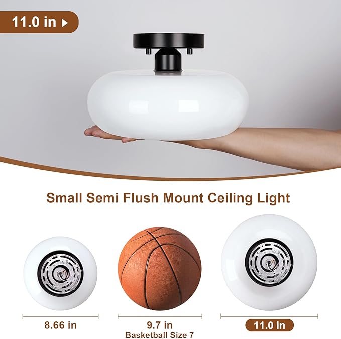 Mid-Century Modern Semi Flush Mount Ceiling Light, Metal Kitchen Light Fixture with Glass Shade,Vintage White and Black Colse to Ceiling Lamp for Entryway Hallway Bathroom (11.0 Inch)