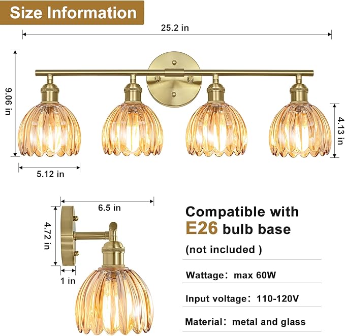 Vintage Bathroom Light Fixtures,4-Light Hardwired Vanity Lights with Amber Tulip Glass Shade,Gold Bathroom Vanity Light for Mirror Restroom,E26 Socket,25.2 in(Bulbs Not Included)