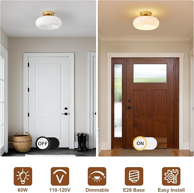 Mid-Century Modern Gold Semi Flush Mount Ceiling Light, Kitchen Ceiling Light Fixture with Glass Shade, Vintage White Close to Ceiling Lamp for Entryway Hallway Bathroom (11.0 Inch)