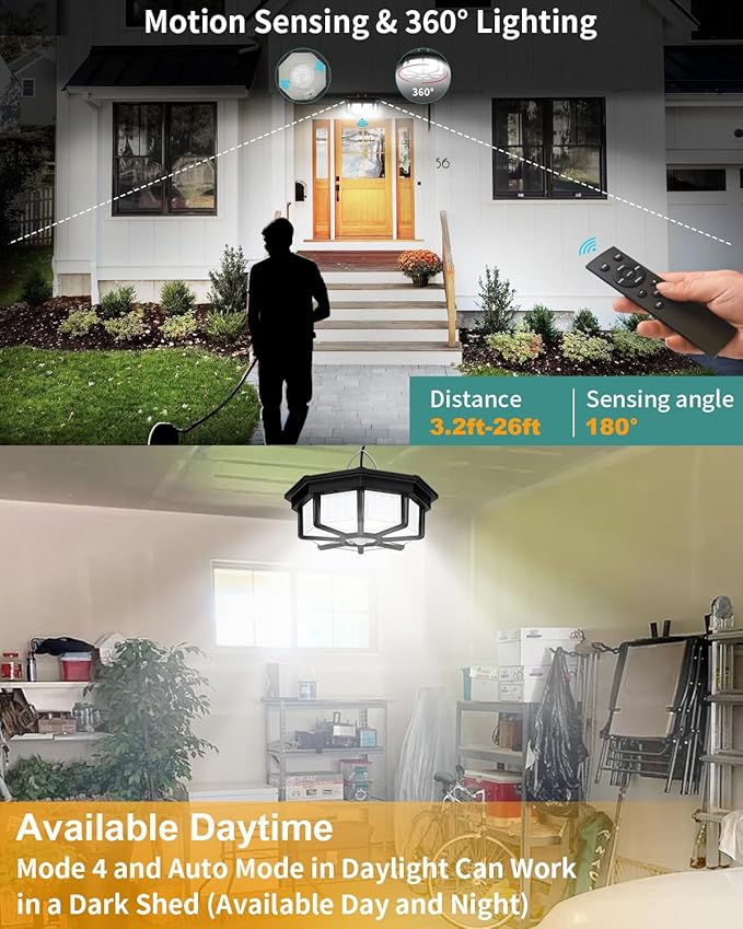 Solar Shed Light Indoor Outdoor 288LED 360°Lighting Solar Lights Work in Daytime with Remote Control, Waterproof Solar Gazebo Lights with Motion Sensor/5 Modes for Home Shed Garage Barn