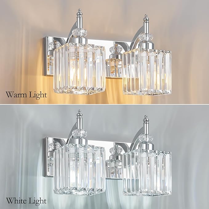 Modern Bathroom Vanity Light 2-Light Chrome Crystal Light Fixtures Over Mirror for Bathroom Wall Sconce