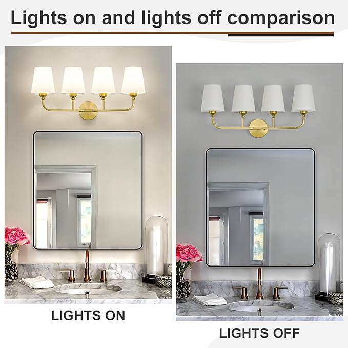 Brushed Gold Bathroom Light Fixtures, 4-Light Vanity Lights, Bathroom Lighting Fixtures Over Mirror with Flared White Fabric Shade,Modern Wall Sconce for Mirror Hallway Bedroom Living Room(ETL Listed)
