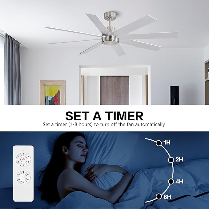 WINGBO 60" Large DC Ceiling Fans without Lights, 3 Downrods, 8 Plywood Blades, 6-Speeds Reversible DC Motor, Indoor Ceiling Fan No Lights for Bedroom Living Room Patio, Brushed Nickel and Silver