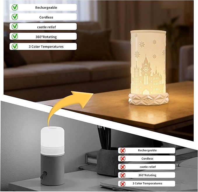 Indoor Battery Operated Table Lamp, 1500mAh Rechargeable Bedside Lamp 3 Color Temperatures with Rotatable Lampshade, USB C Charging Touch Control Nightstand Lamp for Bedroom, Dinning Room, Dorm