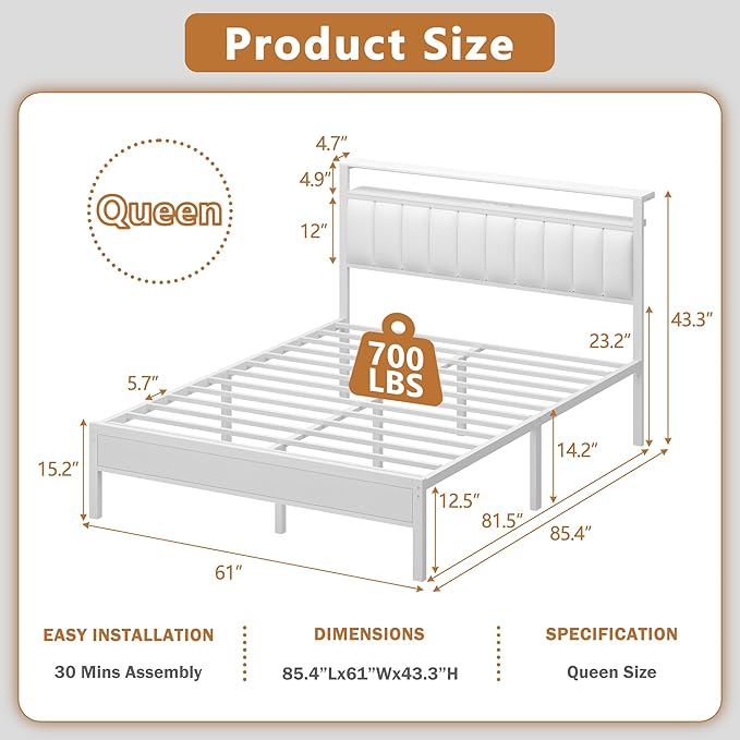 Furnulem White Queen Bed Frame with Charging Station & Led Lights, Pu Leather Upholstered Headboard W/ 2-Tier Storage Shelves, No Box Spring Needed, Metal Slat Support, Solid And Stable, Easy Assembly