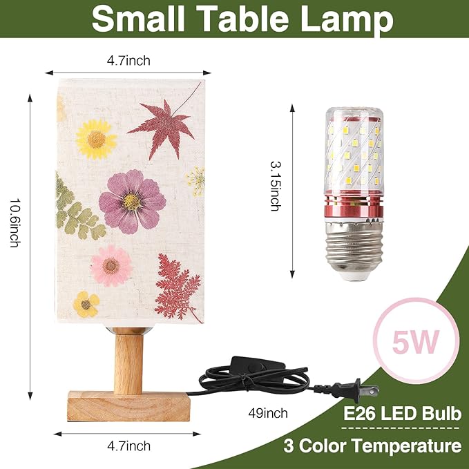 Dried Flowers Table Lamp 5W LED 3Color Temperatures Pressed Flower Bedside Lamp Square Linen Shade with Wood Base for Bedroom Living Room