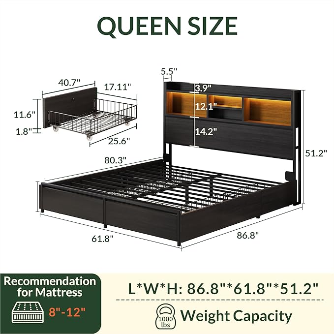 LARMACE Queen Size Bed Frame with 6 Storage Drawers and Headboard Wooden Platform Bed Frame with LED Lights and Charging Station Easy Assembly/No Box Spring Needed/Black