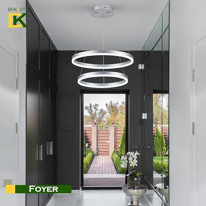 2-Rings Modern LED Chandelier Silver for Dining Room, Circular Flush Mount Ceiling Chandelier Light Dimmable Pendant Light with Remote Control for Living Room Entrance Foyer, 3000K-6500K
