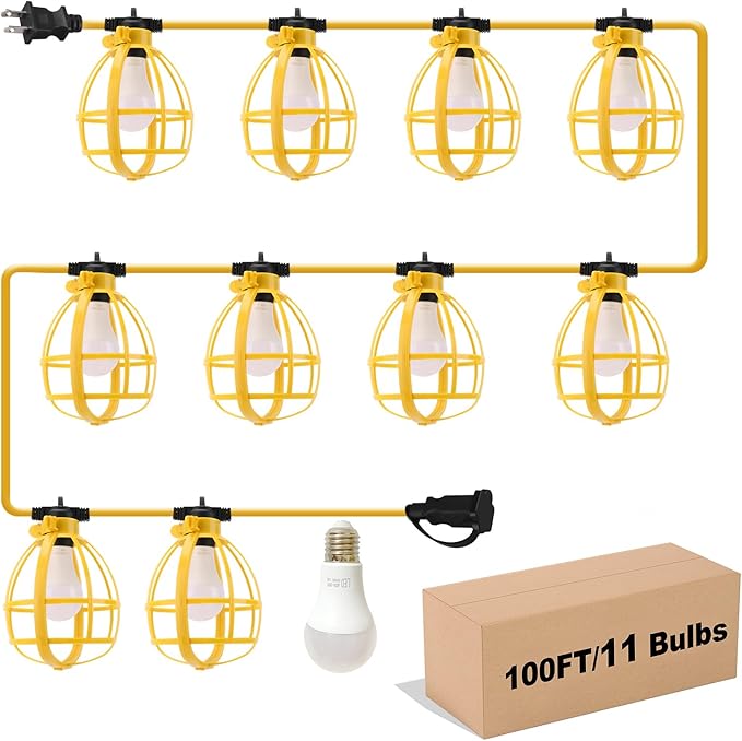 100FT Construction String Lights, 100W 11 Bulbs Work Lights with E26 Base, Construction Lights IP65 Waterproof, 8000LM 6500K Temporary Lighting for indoor Workshop, Mine cave, Job Site