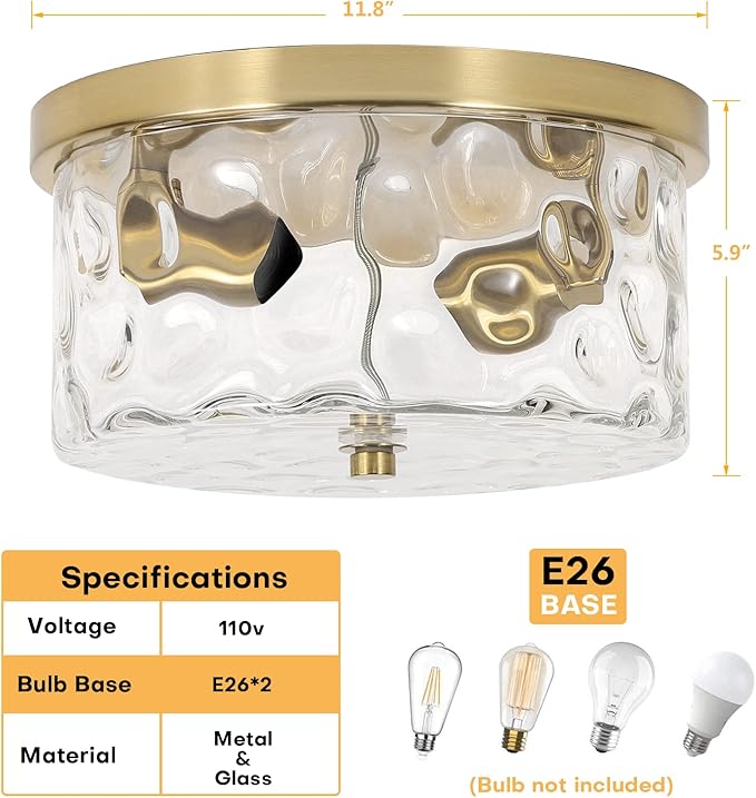LamQee 2-Light Flush Mount Ceiling Light Farmhouse Kitchen Island Ceiling Light with Bubble Glass Close to Ceiling Light Fixture for Living Room Bedroom Foyer Hallway
