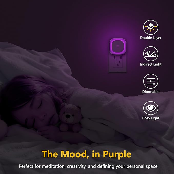 2 Pack Plug in Night Light with Motion Sensor & Dusk to Dawn Sensor, 3 Sensor Modes, Purple Night Lights Plug into Wall, Dimmable Calming Glow for Meditation, Relaxation, Bathroom, Bedroom
