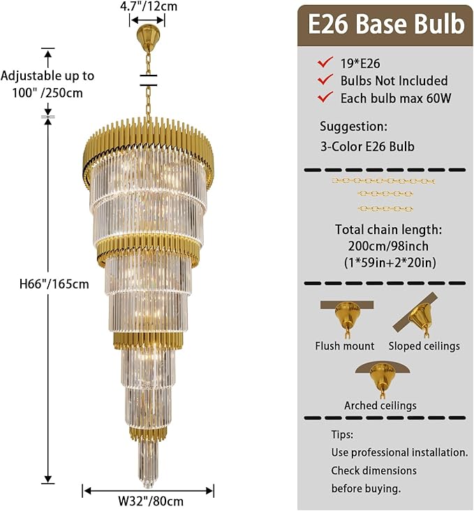Large Crystal Chandelier Modern 32-Inch Gold Round Foyer Light Fixture 19-Light 7-Tier Luxury K9 Crystal Chandelier for High Ceilings Living Room, Staircase and Entryway