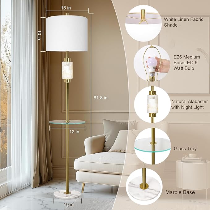 Modern Floor Lamp for Living Room with Glass Tray and Night Light, Alabaster Bedroom Lamp, Tall Lamp with Linen Shade, Marble Base Standing Lamp for Living Room,Bedroom,Office(Bulb Included)
