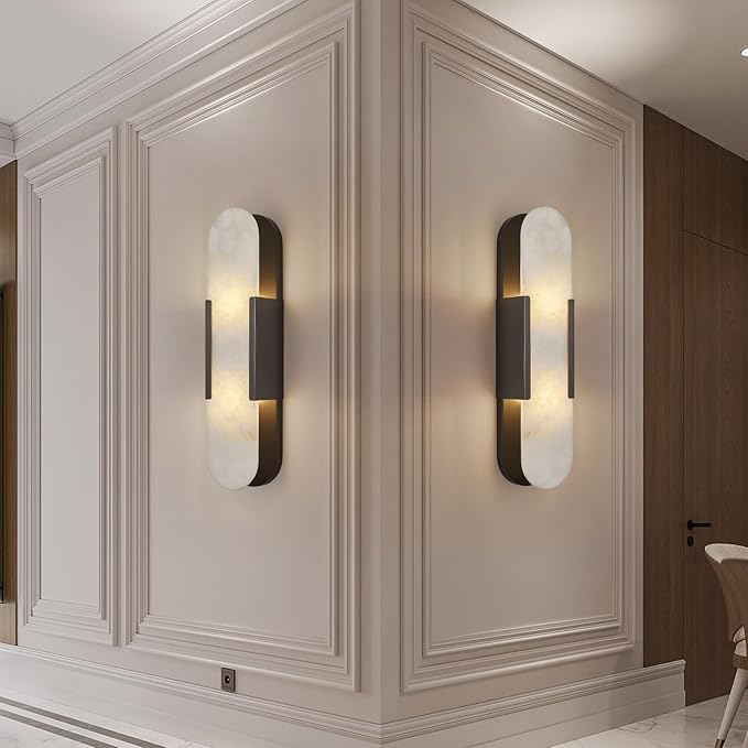 19.7" L Alabaster Wall Sconces Set of 2, Wall Lights Fixtures Morden Bathroom Vanity Light Indoor Wall Lamps for Living Room Bedroom Hallway Stairs Black