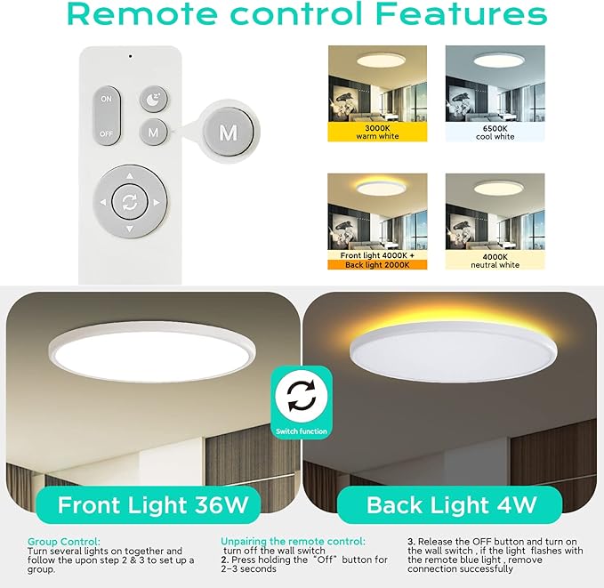 Roomratv Ceiling Light Flush Mount with Night Light, 36W Light Fixture with Remote Control, Full CCT and Brightness Adjustable, 18Inch Led Ceiling Light for Kitchen, Office, Kids Room