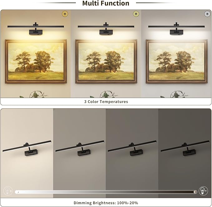 Wireless Picture Lights for Wall Battery Operated, Black Art Lighting for Paintings Rechargeable Gallery Lights with Remote and Timer 3CCT Dimmable Painting Lights for Artwork Portrait 23.62 inch