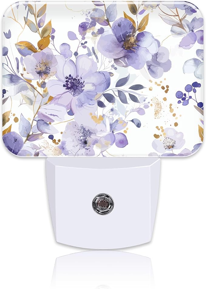 Elegant Purple Flowers Night Light, Watercolor Flowers Nightlight Plug into Wall with Dusk to Dawn Sensor for Kid Girls Boys Women Men Bedroom, Hallway, Kitchen, Bathroom, Stairs Decor