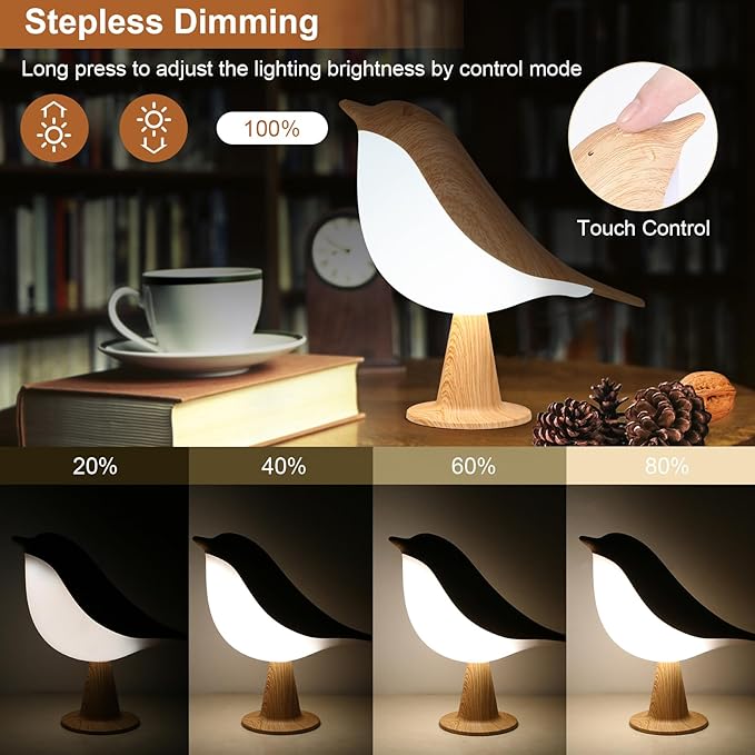 VoMii Bird Table Lamp, Small Desk Lamp Cordless Touch Dimmable Night Light with 3 Color Temperature, Rechargeable Battery, Cute Lamps for Bedroom Bedside Nightstand, Room Decor, Bird Gifts