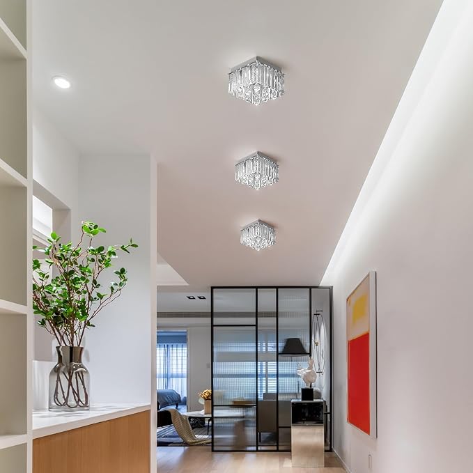 Crystal LED Ceiling Light Chandelier, Modern Semi Flush Mount Lighting Fixture Ceiling Lamp for Living Room, Dining Room, Bedroom, Kitchen Island, Entryway (7.87“ * 5.9” Square White Light)