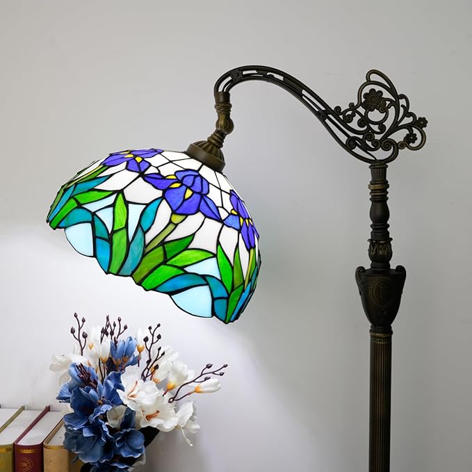 Tiffany Style Iris Floor Lamp Blue Flower Vintage Lamp Stained Glass Art Nouveau Design Adjustable Angle Retro Living Room Bedroom Bedside Sofa Corner Study Reading Lamp Suitable for Dad and Mom LED