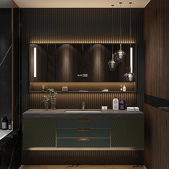 Bathroom Vanity - Floating Bathroom Vanity with Sink & Intelligent Defogging Mirror Elegant Ambient Lighting, Solid Wood Modern Luxury Vanities for Bathroom (Rectangular Smart Mirror, 48")