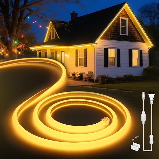 LED Neon Lights Warm White 3000K,9.8ft 110-120V LED Strip Lights,Flexible Outdoor Waterproof Neon Rope Lights for Bedroom,Cabinet,Kitchen,Living Room,Mirror,Halloween Decor